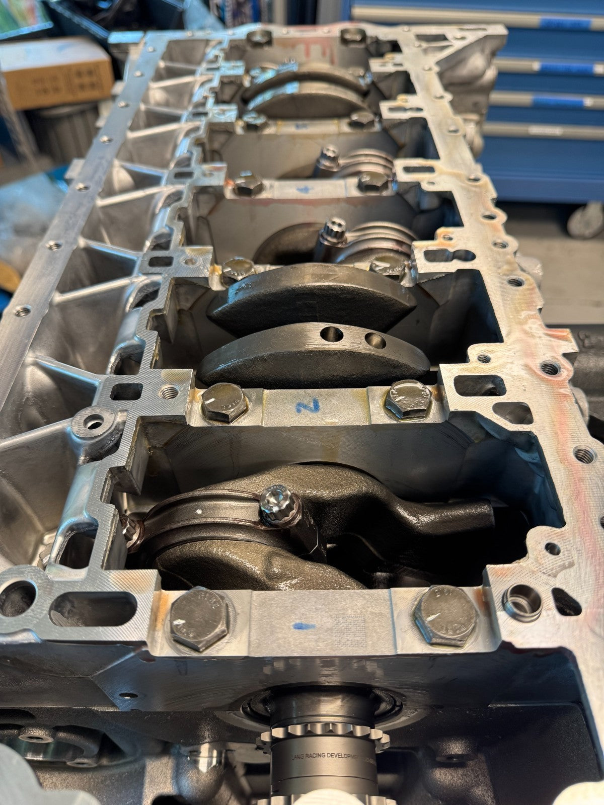 Underside of the short block: crankshaft, rods and main caps