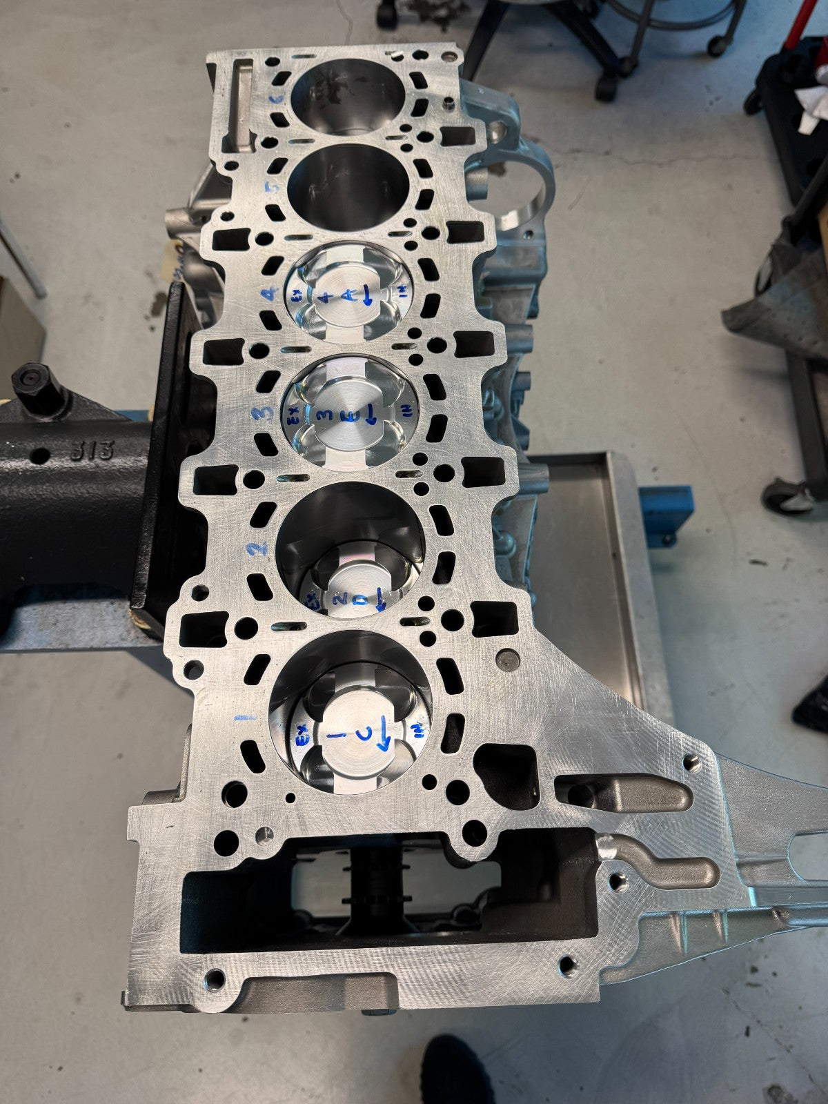 BMW S55 short block from above with pistons installed