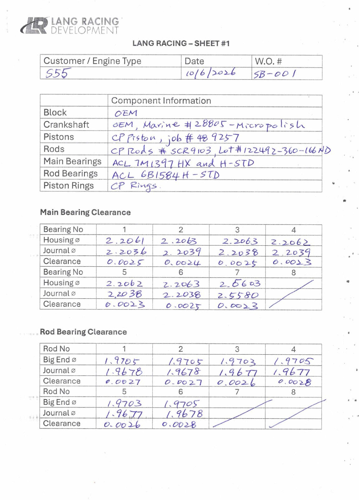 Build sheet page 1: components and bearing clearances