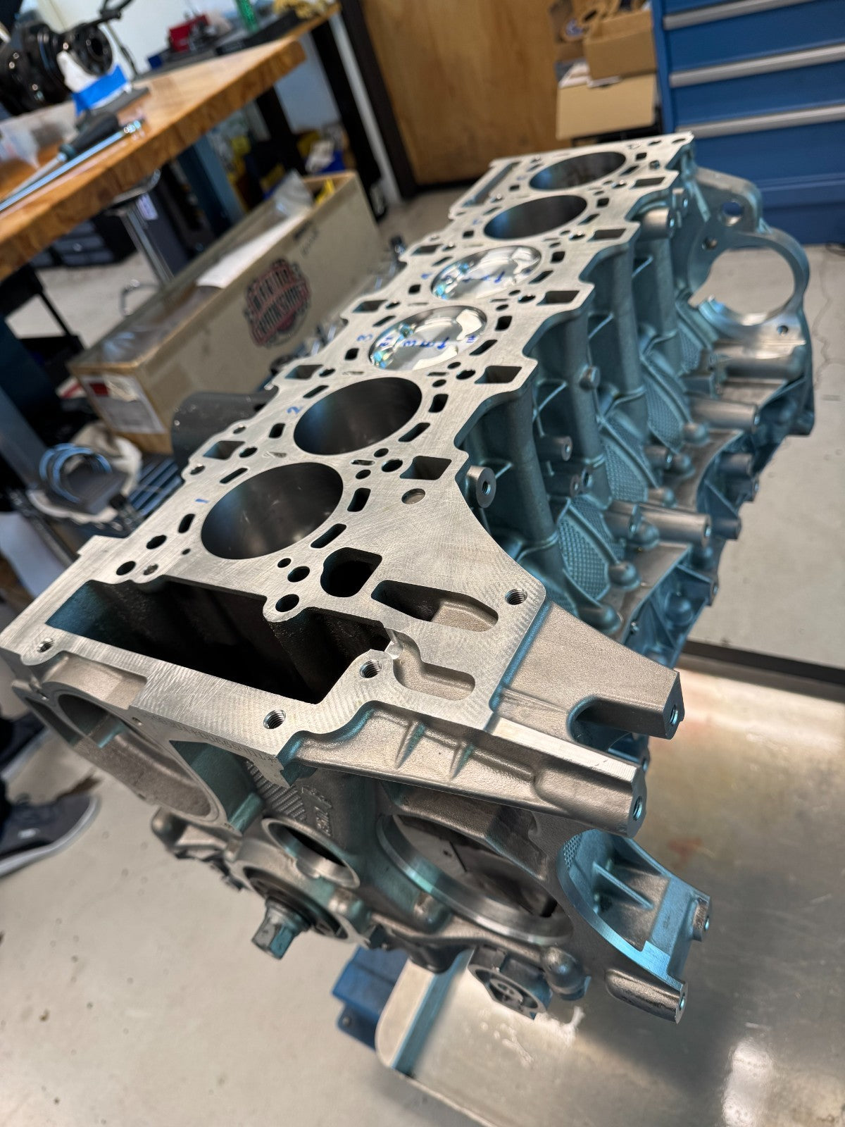 BMW S55 short block, three-quarter view of the deck